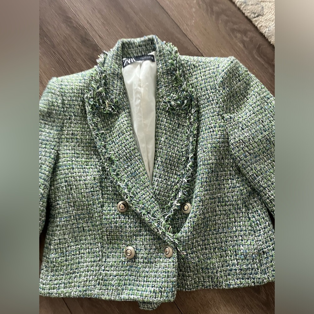 EUC Zara green tweeted structured blazer, medium - Picture 7 of 8